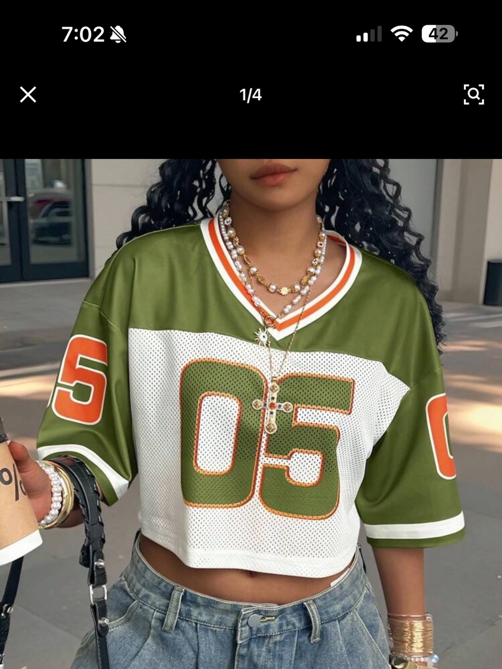 SHEIN Olive Green, White & Orange Cropped Mesh Jersey Top